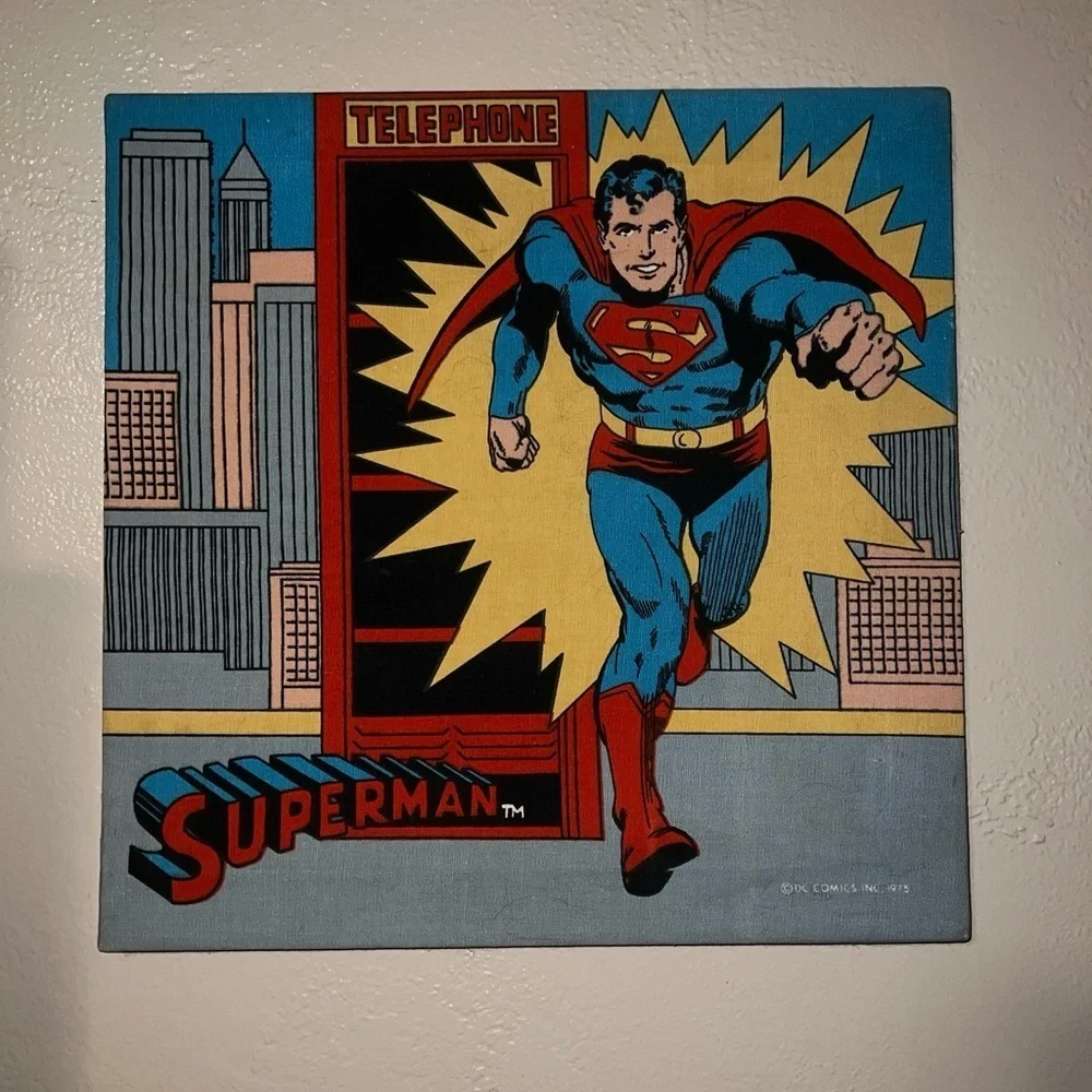 1975 Rare Vintage Superman DC Fabric Wall Hanging Comic Book Picture Red Yellow